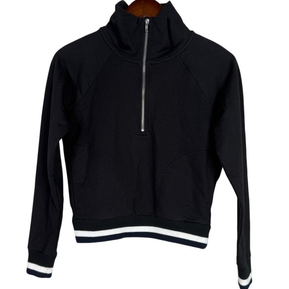 J. Crew Crop Sport Stripe Quarter Zip Jacket Ribbed Cuffs Hem Pockets XXS Black